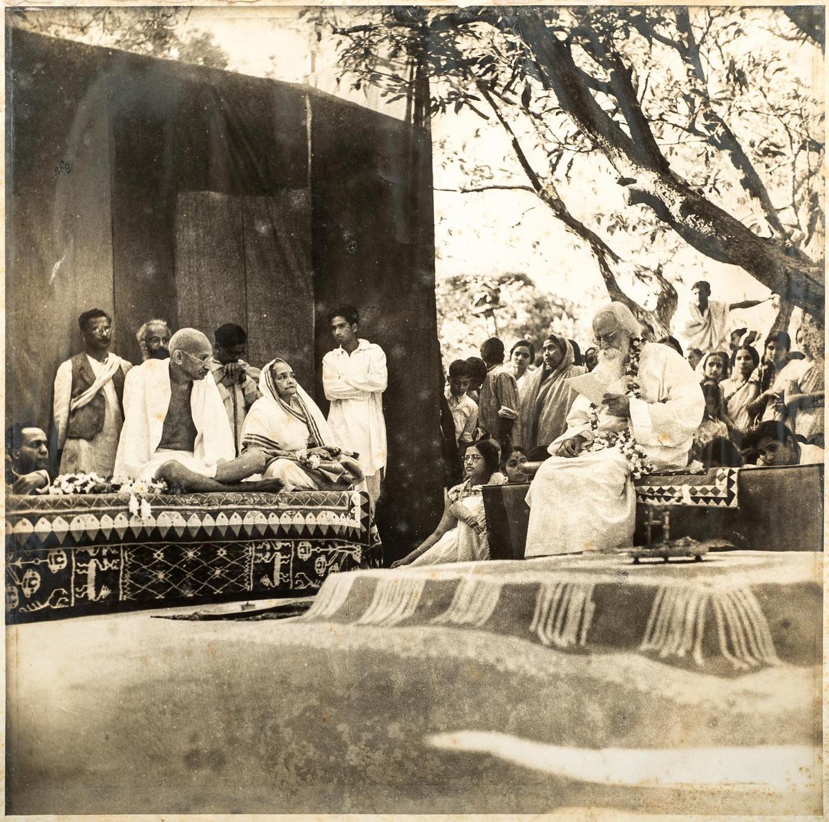 ‘Rabindranath Tagore, Mahatma Gandhi & Kasturba Gandhi with Others at Santiniketan’, February, 1940; photographer unknown.